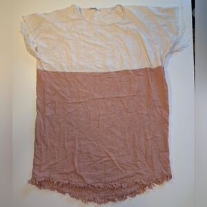Umgee USA Linen Blend Colorblock Fringe Top Small Mauve Cream Boho Raw Hem